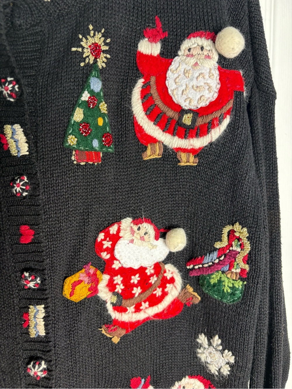 Tiara International Women’s L Black Santa Christmas Knit Button-Front Cardigan - Picture 3 of 7